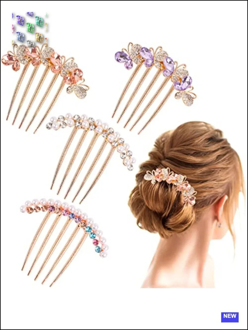 4 Pearl Rhinestones Butterfly Hair Fork Clips for Updo Buns French Twist